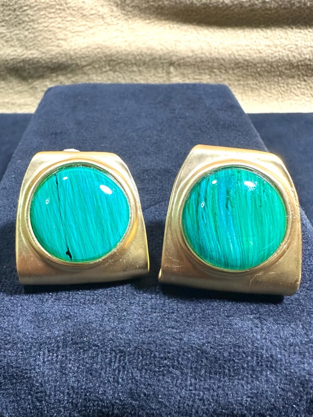 NOS Vtg Matte Gold Green Painted Glass Oversized Curved Clip On Earrings
